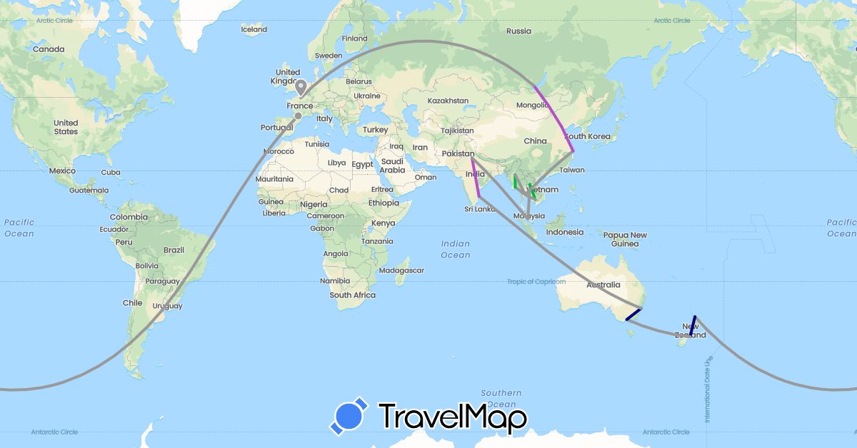 TravelMap itinerary: driving, bus, plane, train in Argentina, Australia, China, France, India, Cambodia, Laos, Myanmar (Burma), Malaysia, New Zealand, Russia, Thailand (Asia, Europe, Oceania, South America)